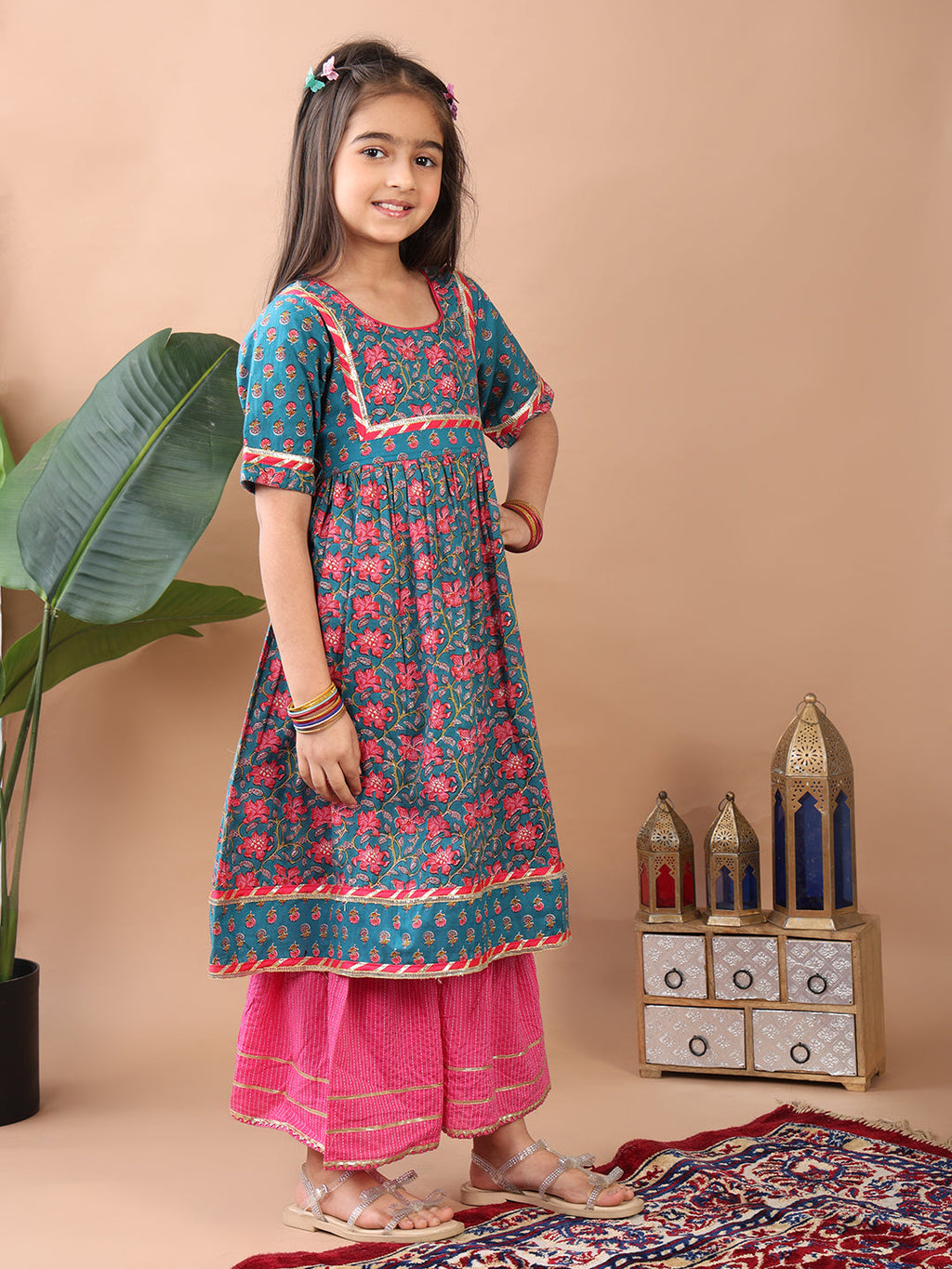 Blue kurti  paired with Pink Sharara pant