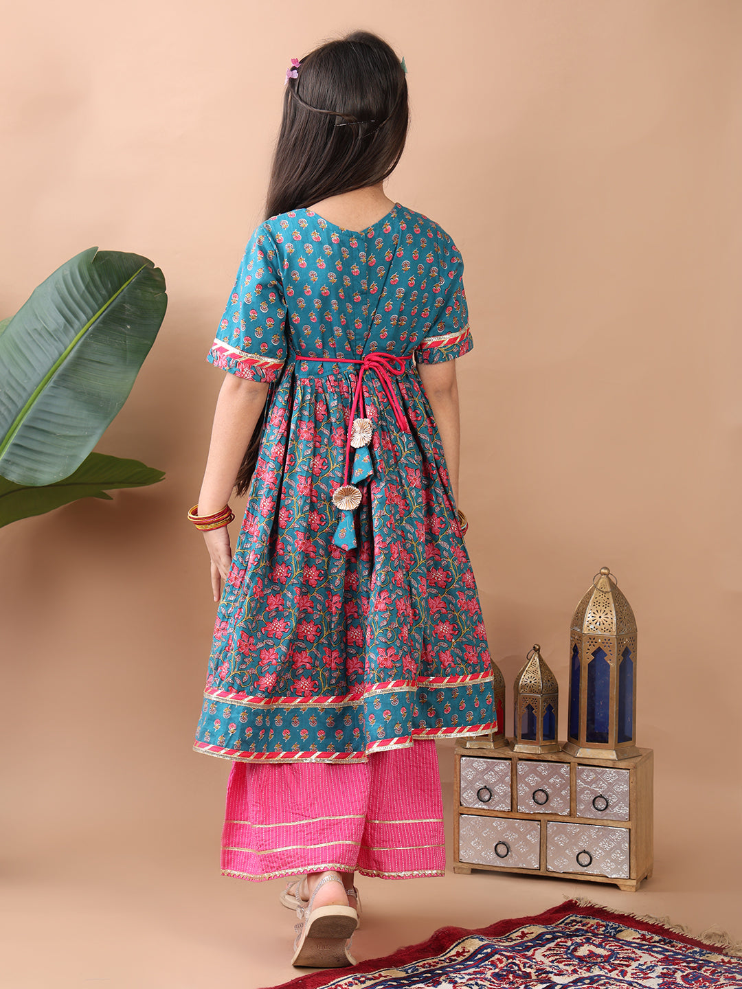 Blue kurti  paired with Pink Sharara pant