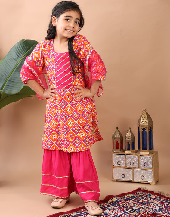 Red  Kurti  paired with pink sharara pant and dupatta