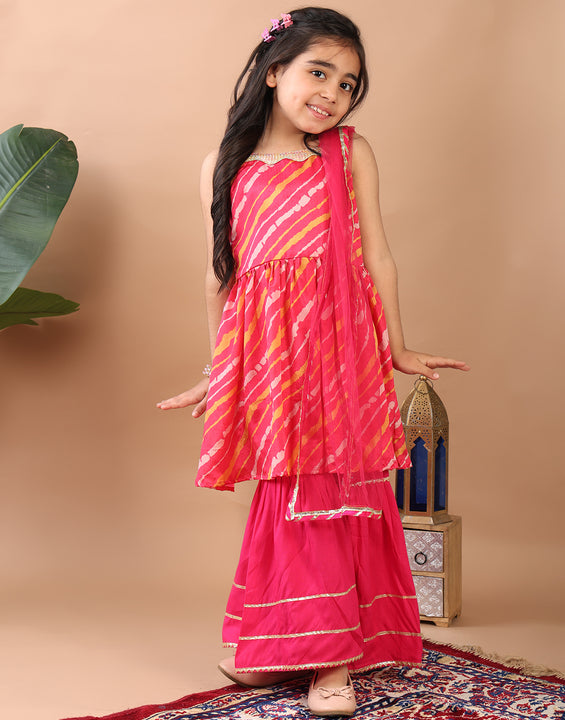 Pink Lehriya printed sleeveless Kurti  paired with pink sharara pant and dupatta