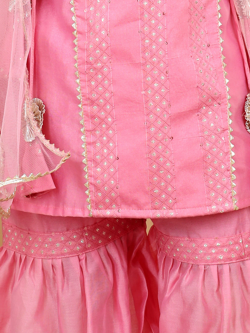 Pink Embellished Embroidered Side Tie Up Kurta With Sharara & Dupatta