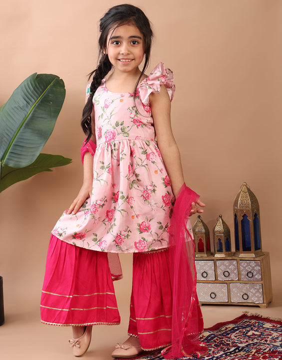 Pink Floral  printed sleeveless Kurti  paired with pink sharara pant and dupatta