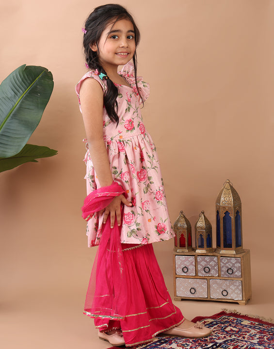 Pink Floral  printed sleeveless Kurti  paired with pink sharara pant and dupatta