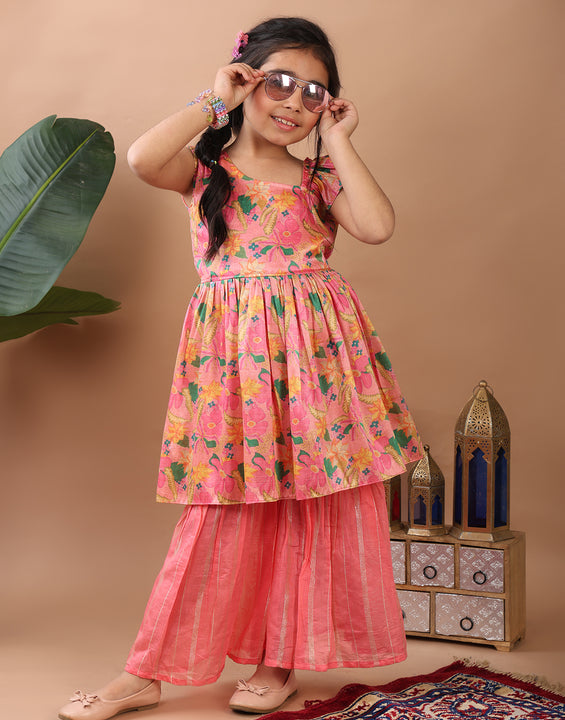 Pink Floral  printed sleeveless Kurti  paired with pink Lurex sharara pant and dupatta