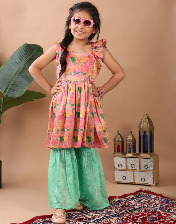 Pink Floral  printed sleeveless Kurti  paired with Green lurex sharara pant and dupatta