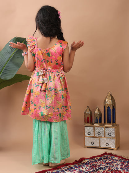 Pink Floral  printed sleeveless Kurti  paired with Green lurex sharara pant and dupatta