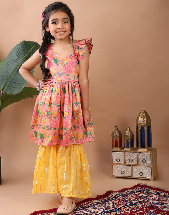 Pink Floral  printed sleeveless Kurti  paired with Yellow Lurex sharara pant and dupatta