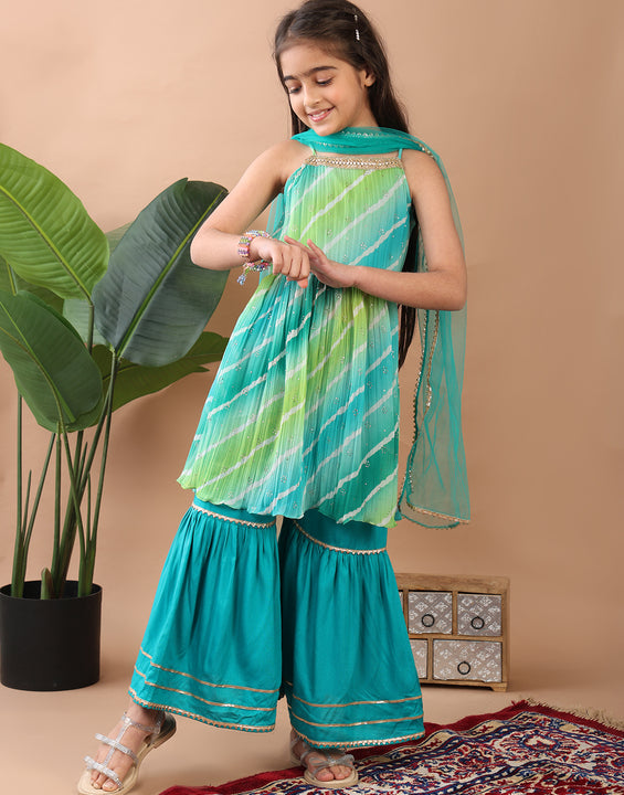 Green Crushed Lehriya printed sleeveless Kurti  paired with green sharara pant and dupatta