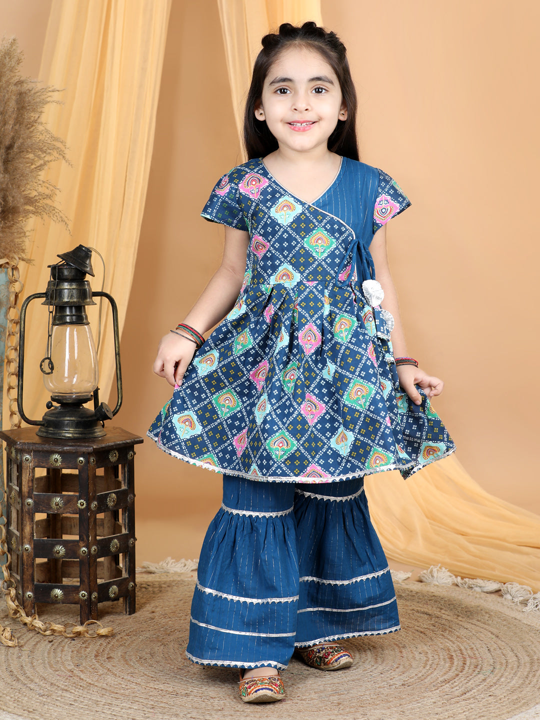 Bandhej Printed Angrakha Style Kurta With Lurex Striped Gota Lace Embellished Sharara