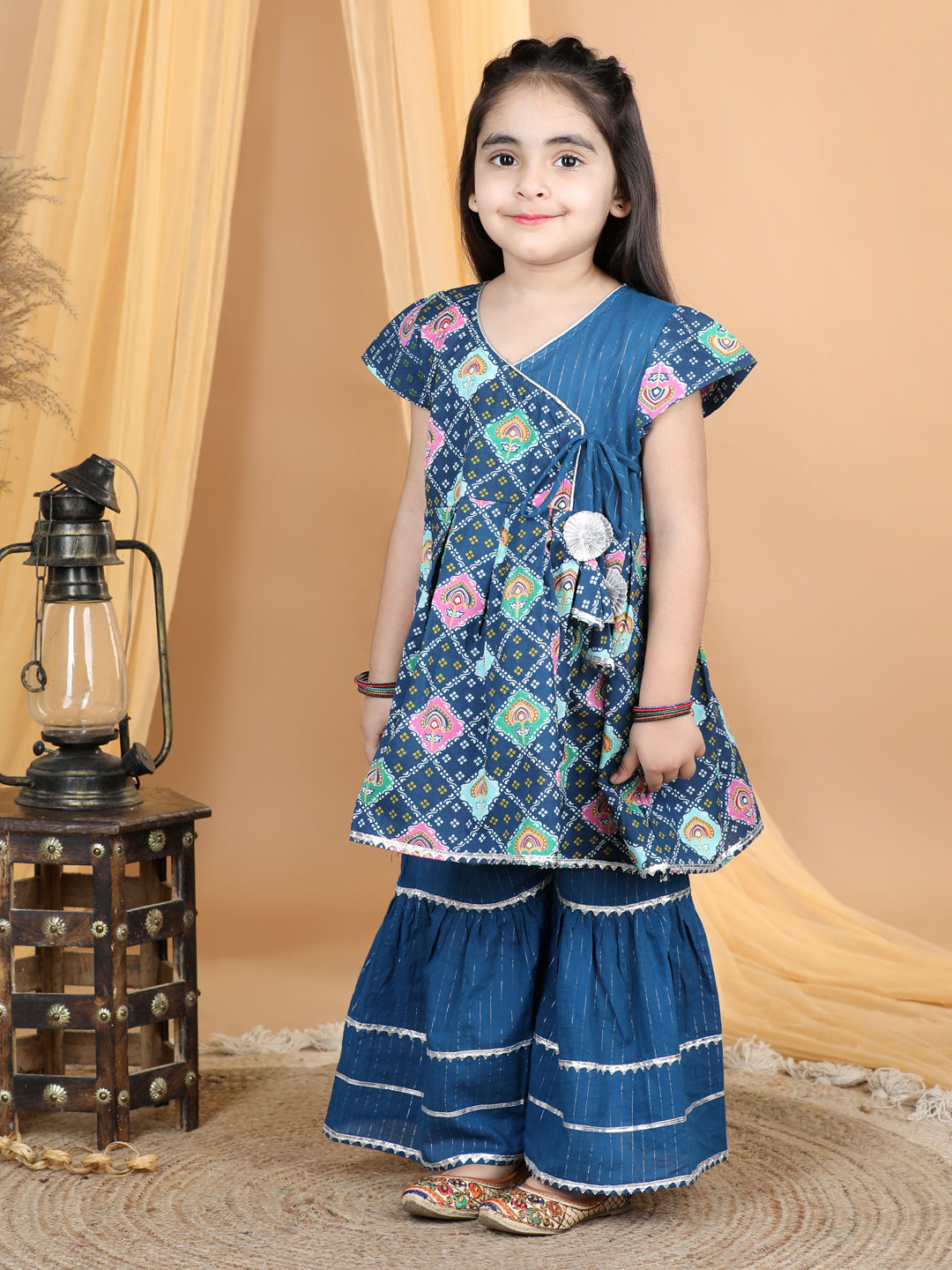 Bandhej Printed Angrakha Style Kurta With Lurex Striped Gota Lace Embellished Sharara