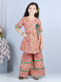 Peach Floral Printed Kurti With Layered Floral Motif Printed Sharara
