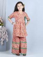 Peach Floral Printed Kurti With Layered Floral Motif Printed Sharara