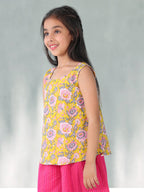 Yellow floral printed  sleeveless Short Top