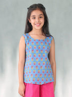 Blue  floral printed  sleeveless Short Top