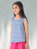 Blue  floral printed  sleeveless Short Top