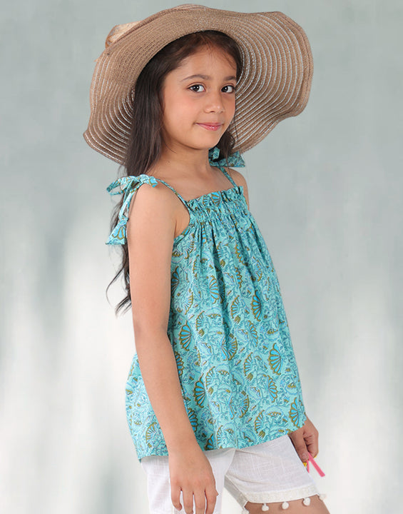Blue sleeveless floral jaal Top