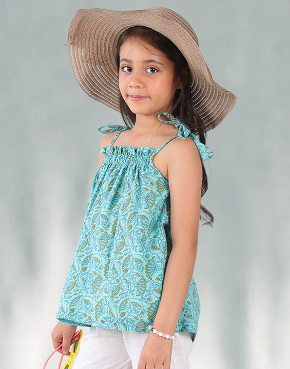 Blue sleeveless floral jaal Top
