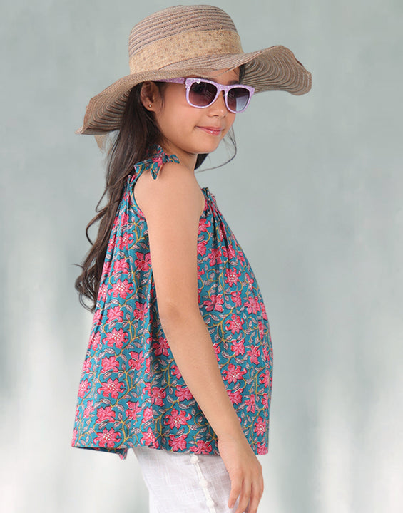 Blue floral buti sleeveless Top