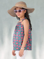 Blue floral buti sleeveless Top