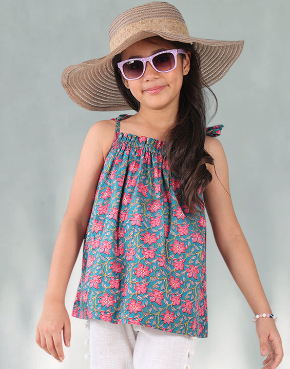 Blue floral buti sleeveless Top