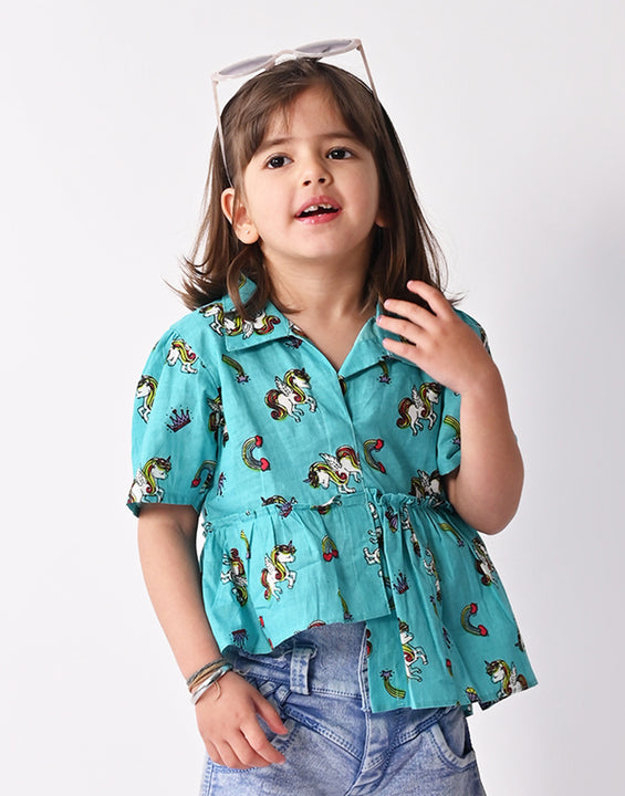 Blue Unicorn Printed High Low Top