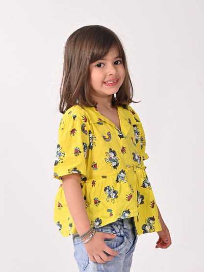 Yellow Unicorn Printed High Low Top