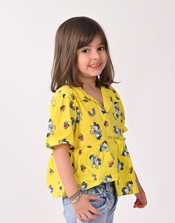 Yellow Unicorn Printed High Low Top