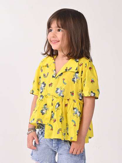 Yellow Unicorn Printed High Low Top