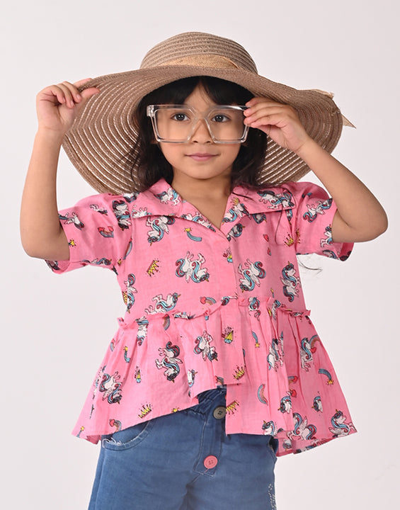 Pink Unicorn Printed High Low Top