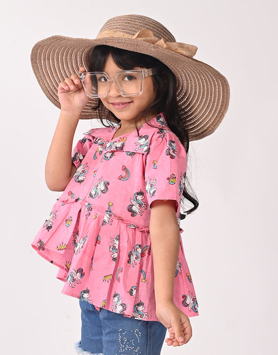 Pink Unicorn Printed High Low Top