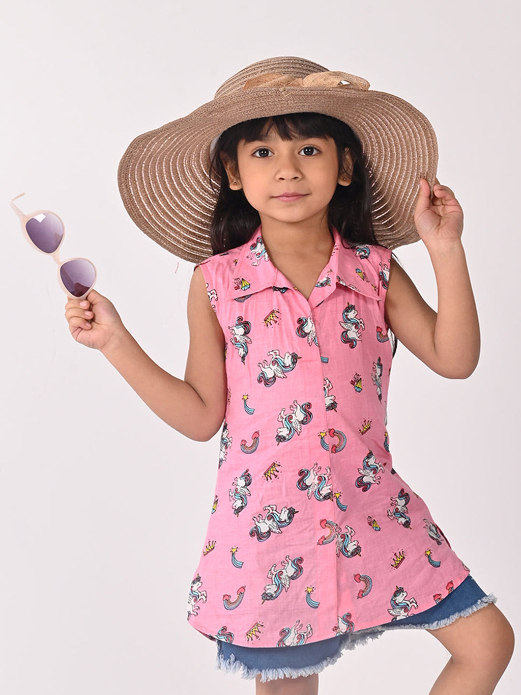 Pink Unicorn Printed Sleevless shirt style Top