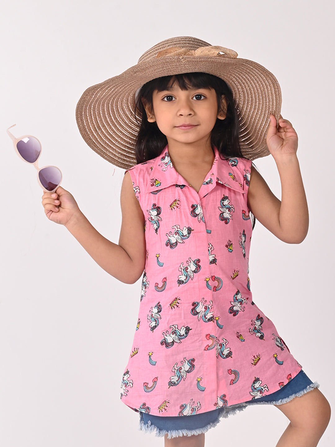 Pink Unicorn Printed Sleevless shirt style Top