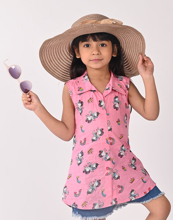 Pink Unicorn Printed Sleevless shirt style Top