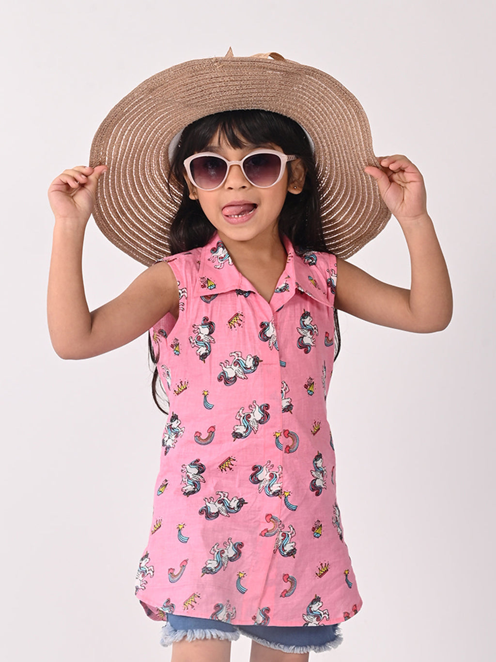 Pink Unicorn Printed Sleevless shirt style Top