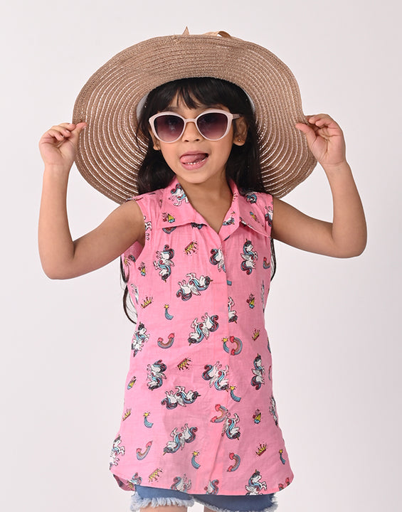 Pink Unicorn Printed Sleevless shirt style Top