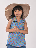 Blue Cotton Floral Printed Sleevless shirt style Top