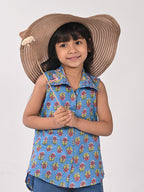 Blue Cotton Floral Printed Sleevless shirt style Top