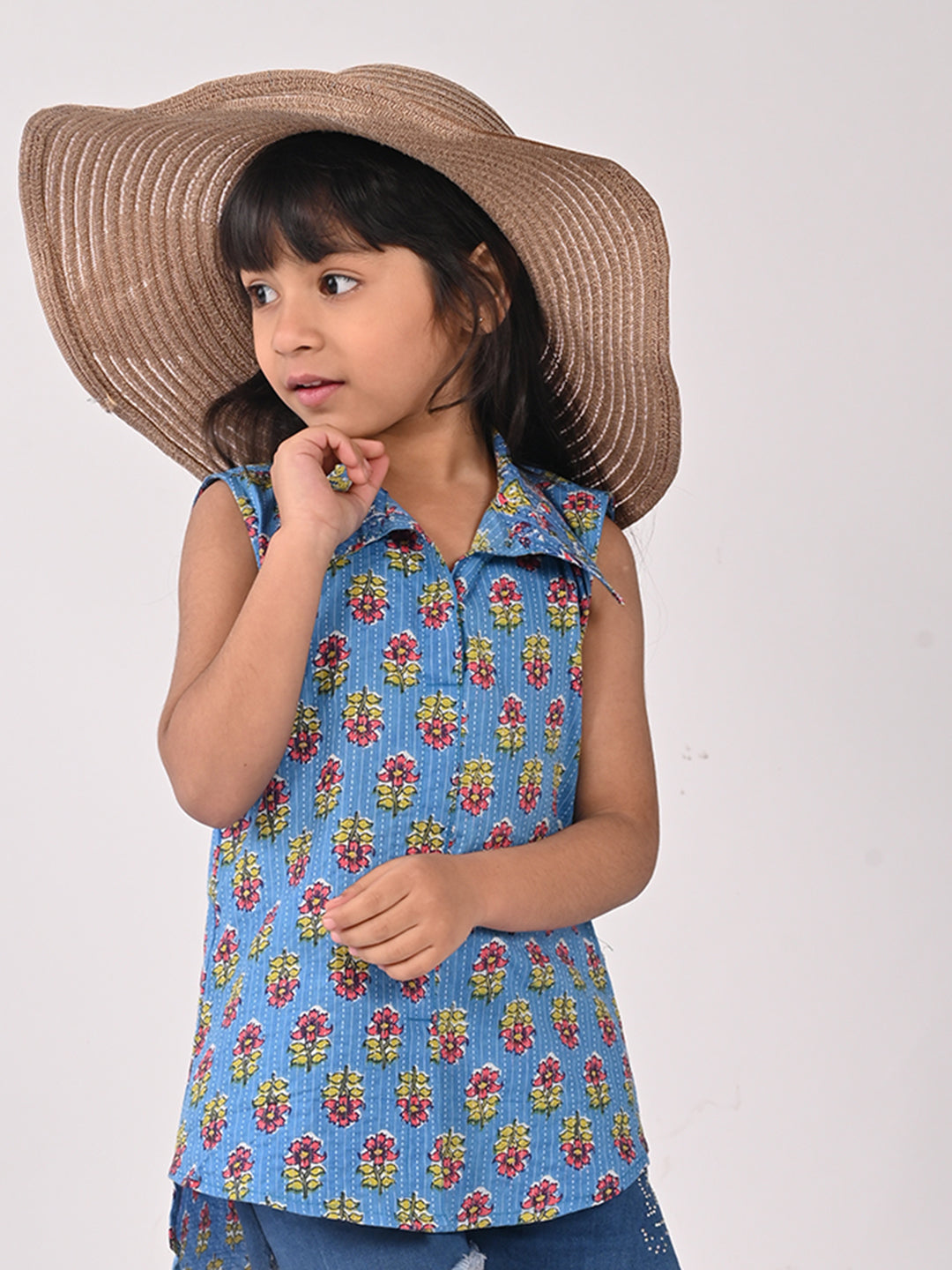 Blue Cotton Floral Printed Sleevless shirt style Top