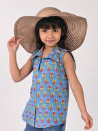 Blue Cotton Floral Printed Sleevless shirt style Top