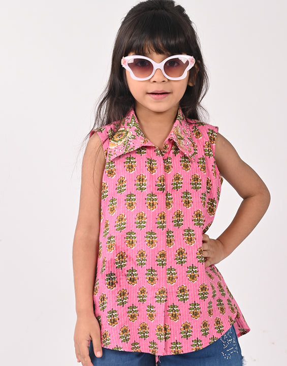 Pink Cotton Floral Printed Sleevless shirt style Top