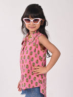 Pink Cotton Floral Printed Sleevless shirt style Top