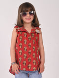 Red Cotton Floral Printed Sleevless shirt style Top