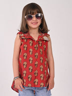 Red Cotton Floral Printed Sleevless shirt style Top