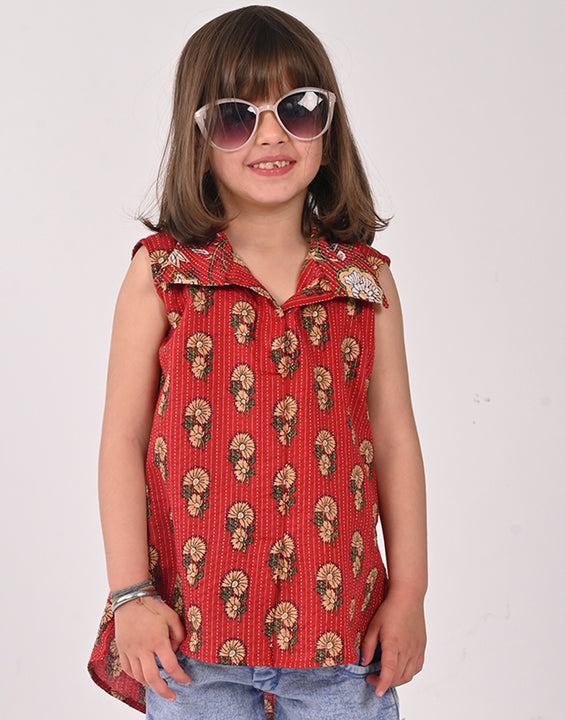 Red Cotton Floral Printed Sleevless shirt style Top