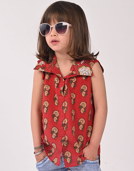 Red Cotton Floral Printed Sleevless shirt style Top