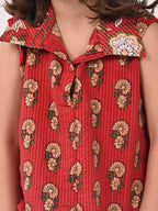 Red Cotton Floral Printed Sleevless shirt style Top