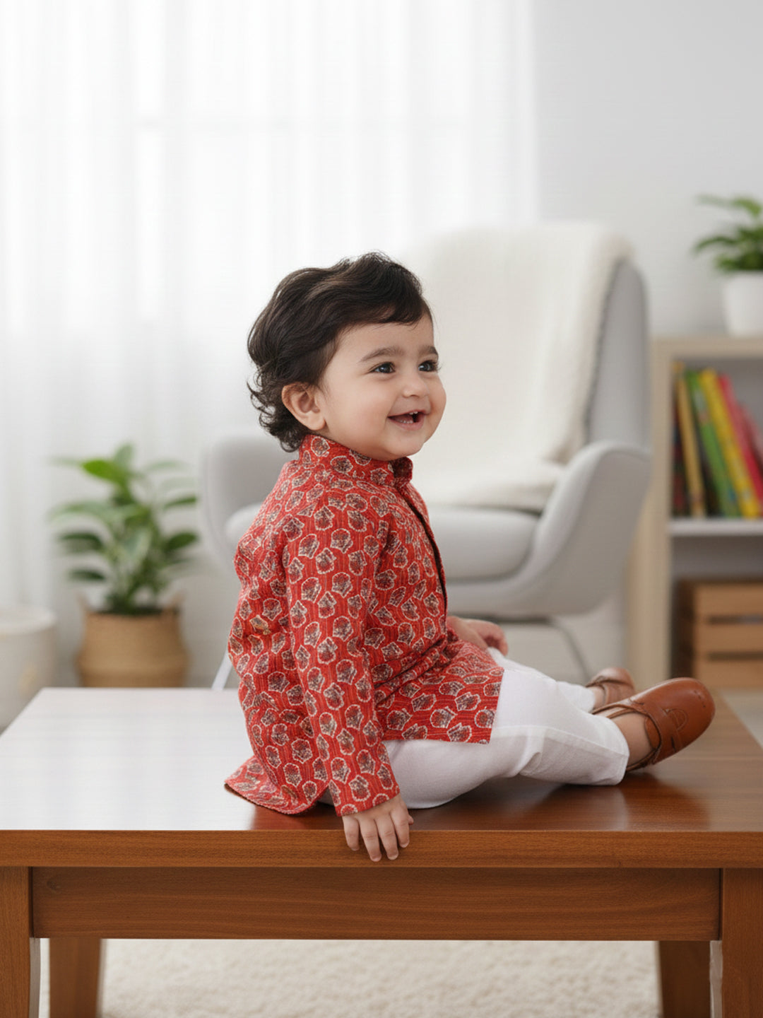 Red Floral Motif Printed Katha Kurta With Pajama