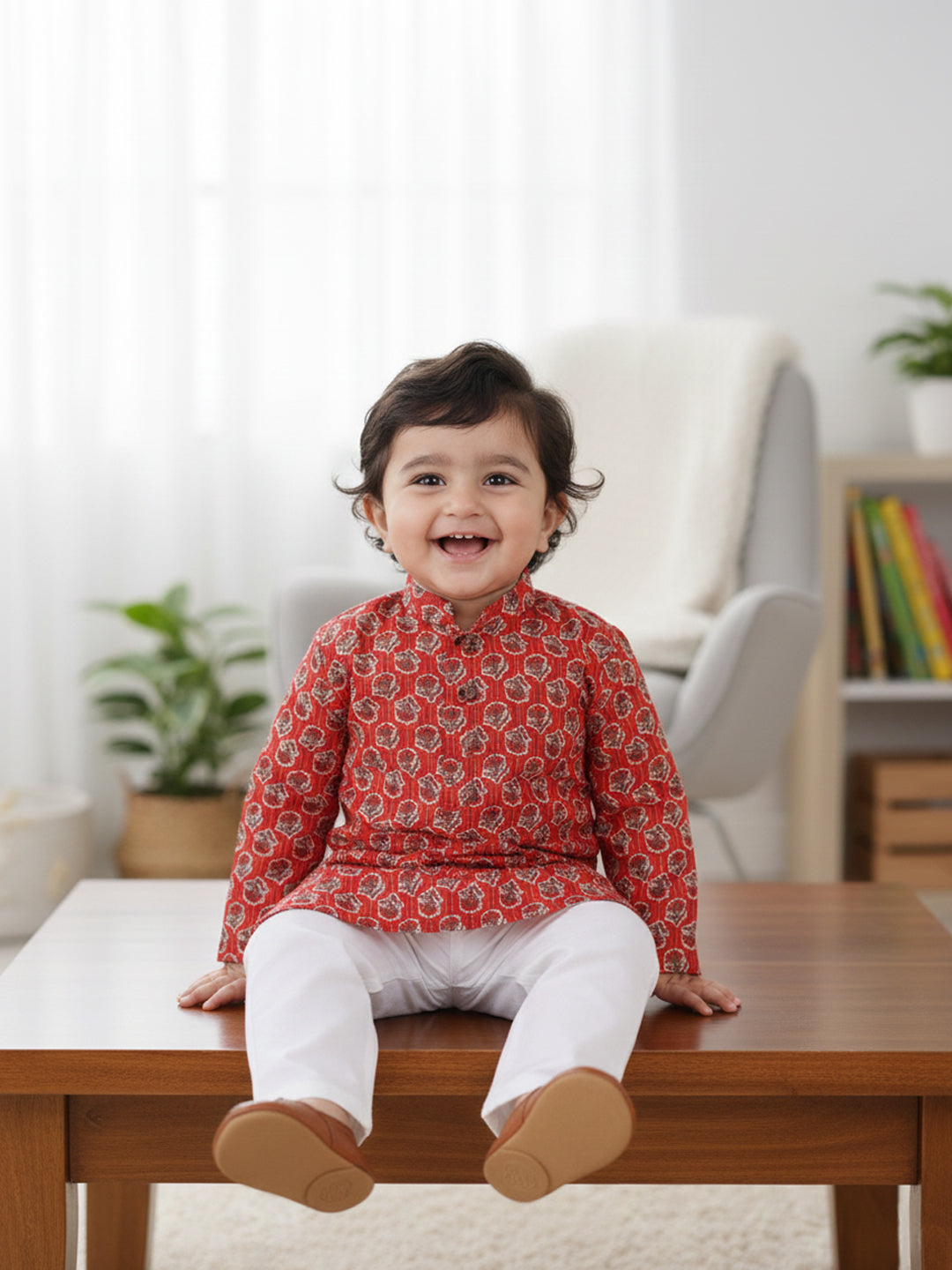 Red Floral Motif Printed Katha Kurta With Pajama
