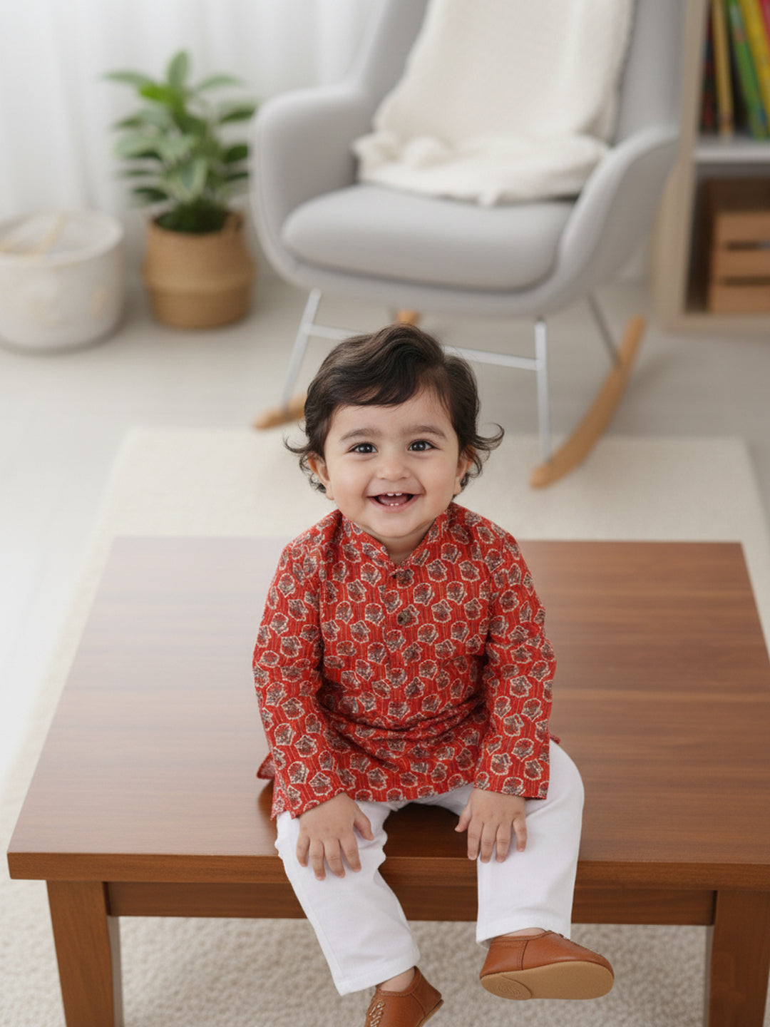 Red Floral Motif Printed Katha Kurta With Pajama