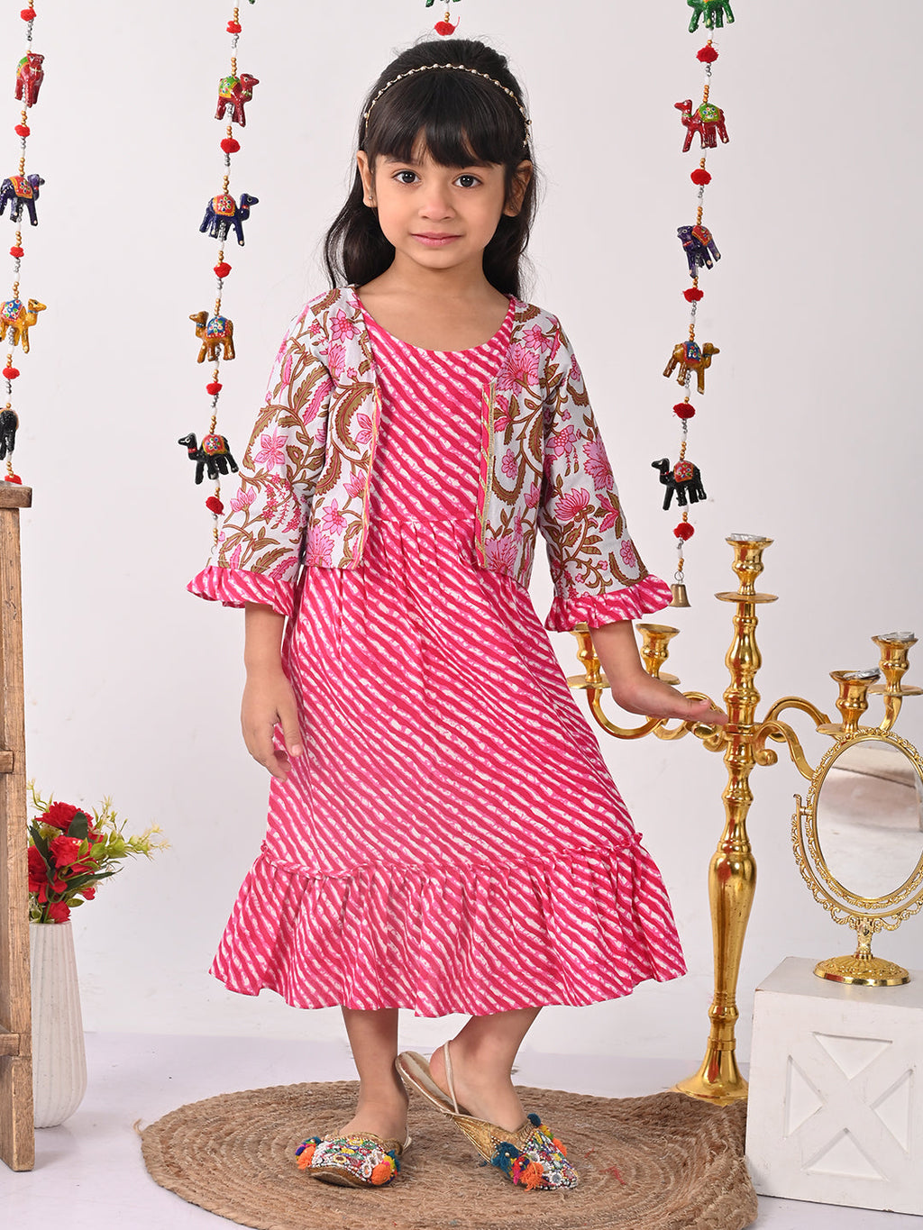 Pink  lehriya Dress with printed  jacket